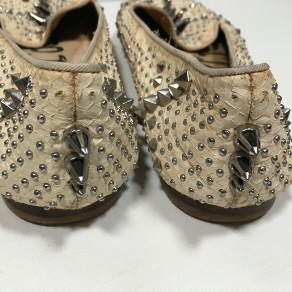 Sam Edelman Addy Spiked Studded Snake Embossed Leather Flats 9.5 Cream/Silver - Picture 7 of 12